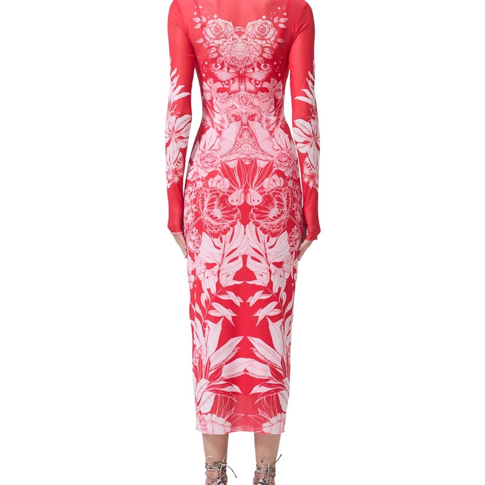 Elegant Red Long Sleeve Dress mesh with slip